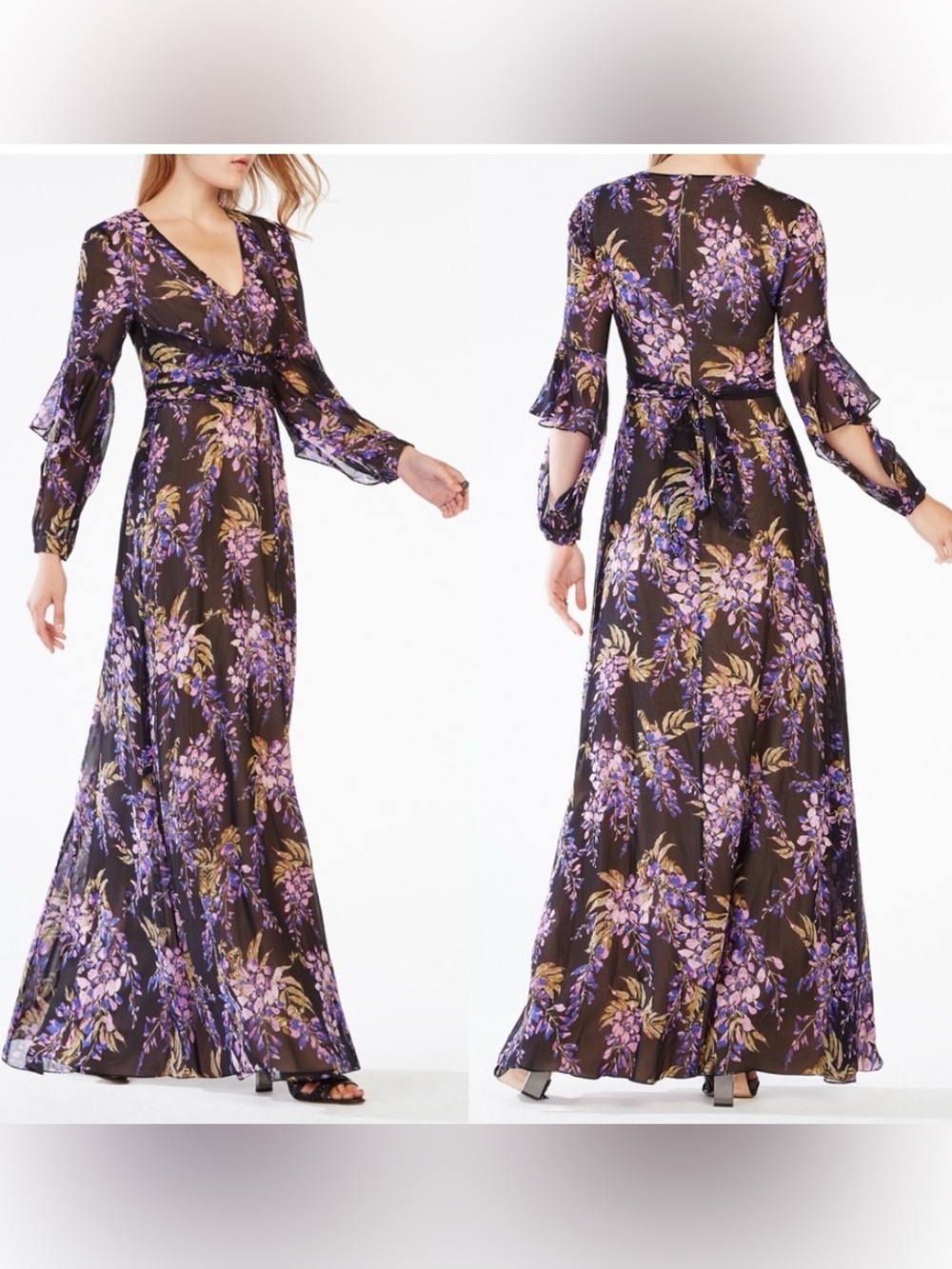NWT BCBGMaxazria Beverle Black Multicolor Floral Maxi Longsleeve Gown - 4
